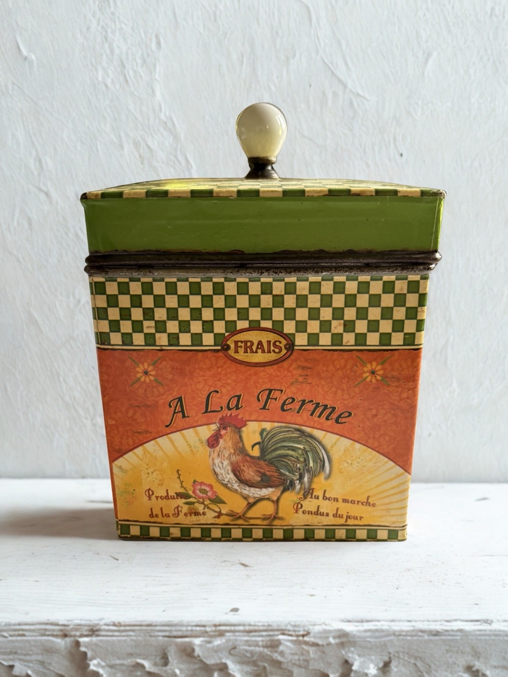 Vintage French “A La Ferme” Kitchen Tin Canister Country Farmhouse Rooster Frais
